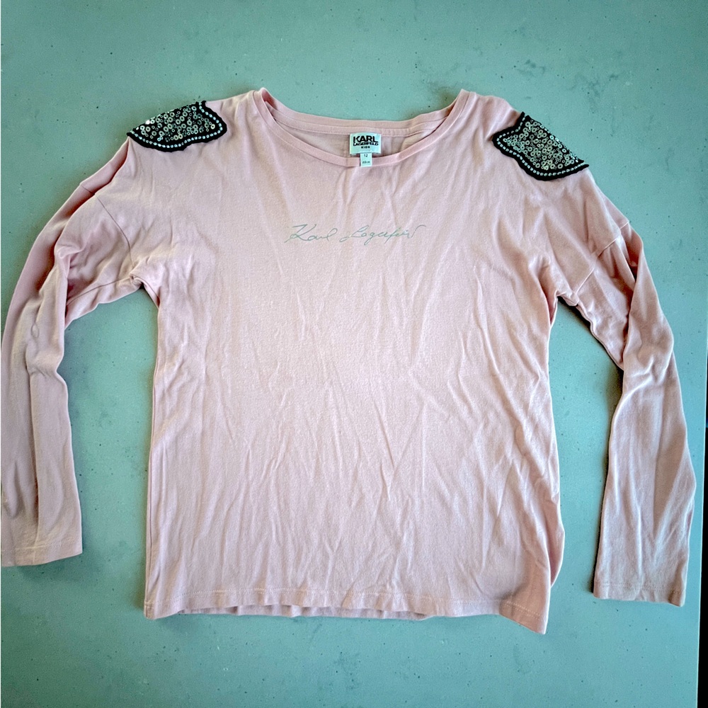 Karl Lagerfeld Pink Long Sleeve Top with Lace Accents